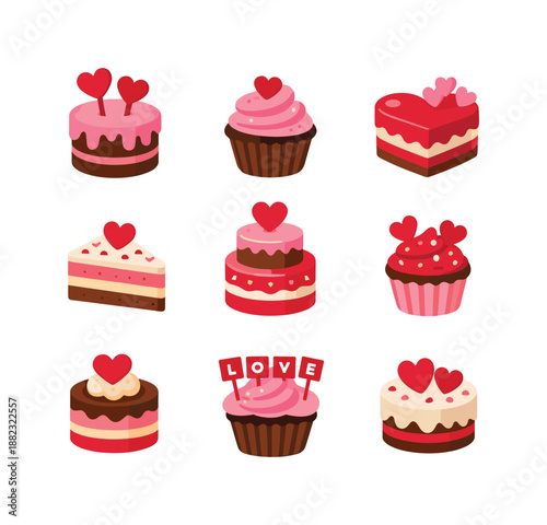 Sweet treats flat icon set. featuring cake, cupcake, heart, fondant, layered cake, and festive dessert symbols
