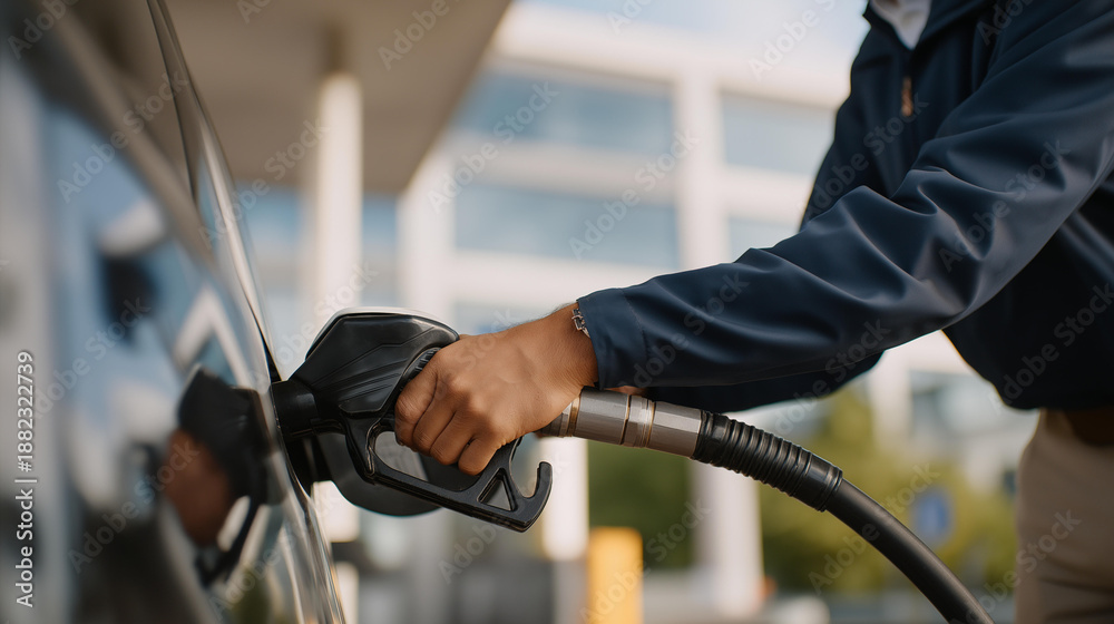 Obraz premium Driver using a fuel autogas pump gun at an LPG station, focused action highlighting fuel efficiency, alternative energy adoption, and routine vehicle maintenance. cinematic color correction,
