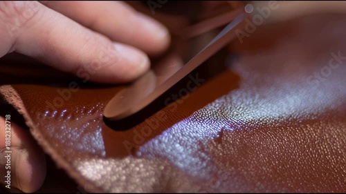 Macro shot of the polishing process of a piece of genuine leather. The craftsman applies a polish, highlighting the texture of the material. Professional leatherworking and attention to detail.