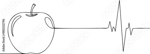 Single line apple with heartbeat line symbol of healthy diet and heart protection