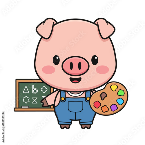 Cute pig character as a teacher holding a painter's palette and blackboard
