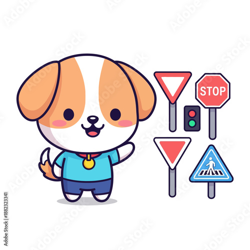 Adorable cartoon dog with traffic signs and signals for road safety awareness