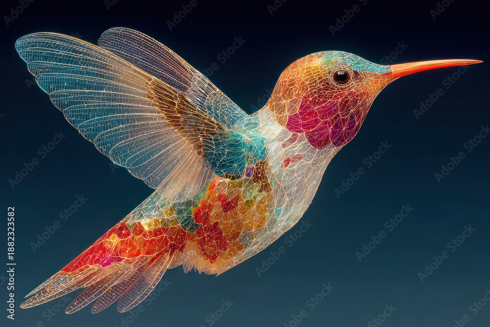 Fototapeta premium An artistic illustration of a hummingbird in flight, rendered in the style of a transparent glass or crystalline structure. 