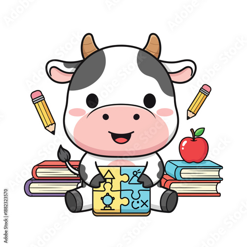 Adorable cartoon cow surrounded by books and school supplies for children