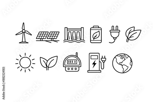 Renewable energy outline icon set. Eco-friendly, sustainable energy symbols collection.