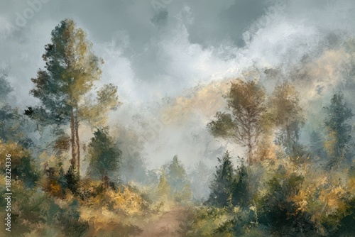 Misty Forest Landscape Painting with Atmospheric Perspective.