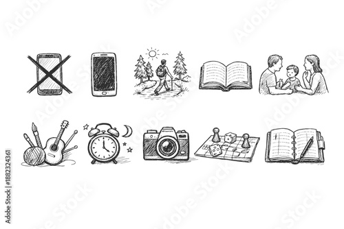 Daily activities outline icon set. Sketch style collection for everyday life routines.