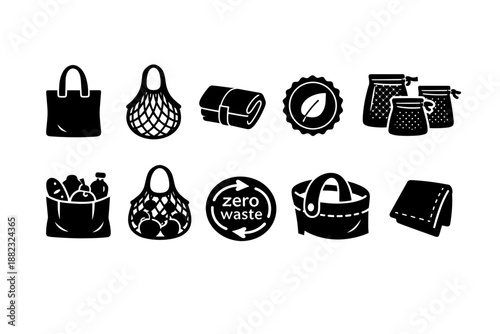 Eco-friendly shopping silhouette icon set. Zero waste, reusable bags, eco icons collection.