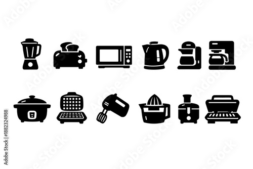 Kitchen appliances silhouette icon set for cooking and baking essentials