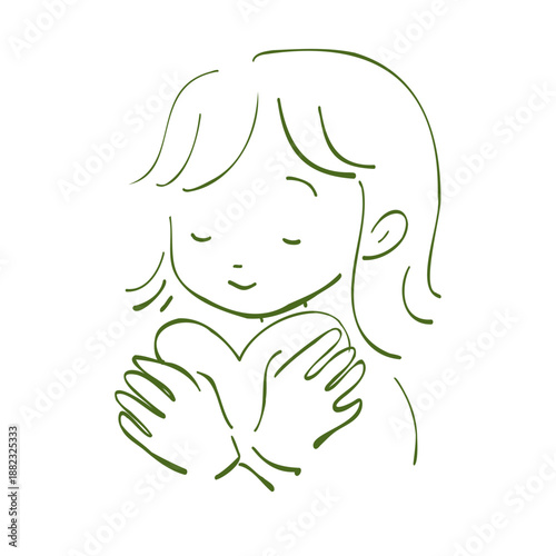 大きなハートを大切そうに優しく抱きしめて目を閉じている可愛い女の子の手書きイラスト