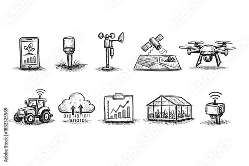 Agriculture and technology sketch icon set. Farming, drone, satellite sketch collection