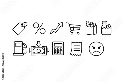 Shopping and finance line icon set: cart, receipt, calculator, and more