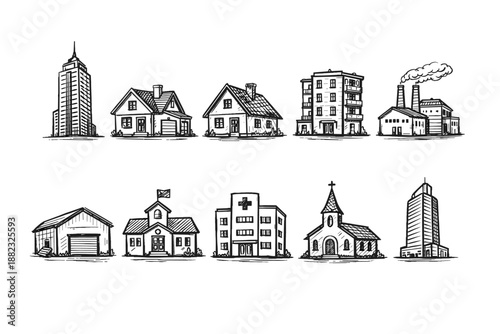 Buildings and architecture icon set. Detailed line style collection
