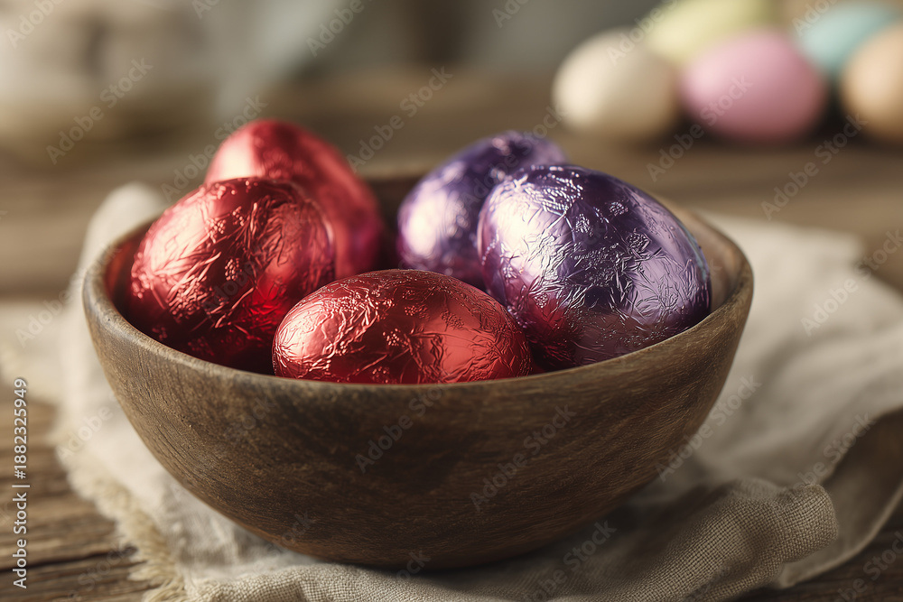 Obraz premium Chocolate Easter Eggs in Bowl on Rustic Table