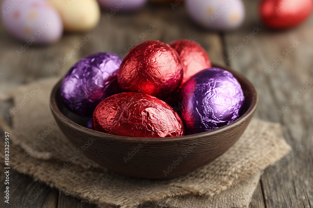 Obraz premium Chocolate Easter Eggs in Bowl on Rustic Table