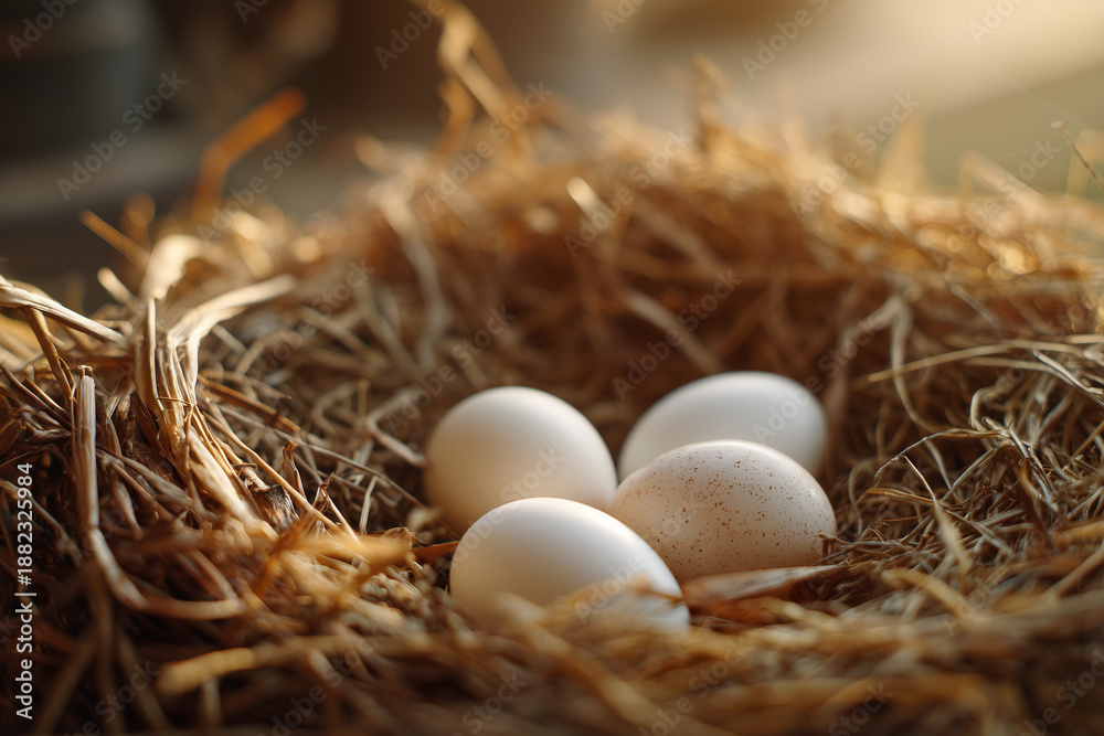 Obraz premium Rustic Chicken Nest With Fresh White Eggs