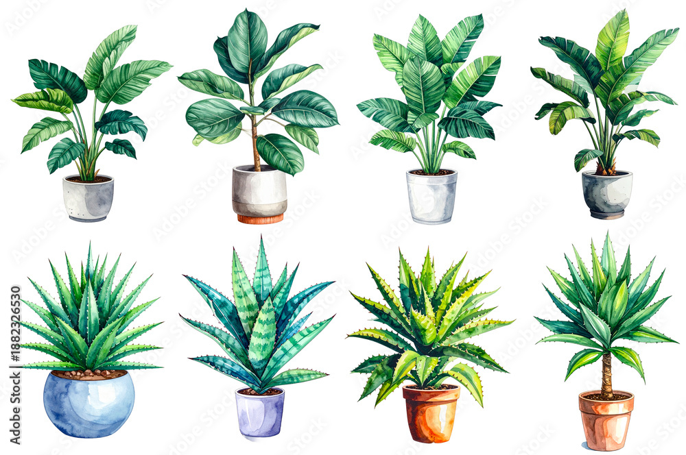 Obraz premium Architectural Entrée Illustration Set of Planters in Watercolor Style