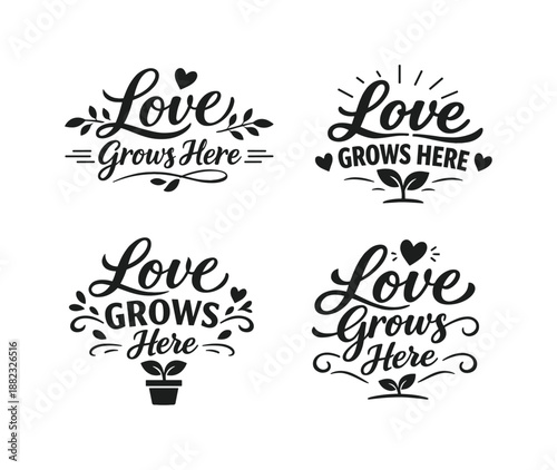 Gardening silhouette icon set. featuring love, grows, plant, heart, pot, and leaves symbols
