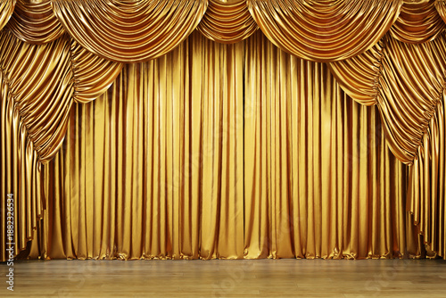 Luxurious golden theater curtains on an empty stage with a wooden floor. Ideal for theater, awards, or grand openings.  