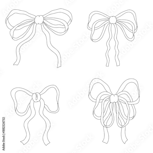 Set of doodle style line art black and white ribbon bows isolated on white background. Soft and playful decorative concept symbolizing gifts, celebration, femininity and handmade charm