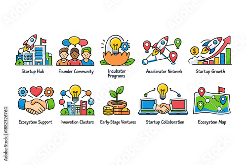 Startup and innovation flat icon set. Entrepreneurial growth and community icons collection