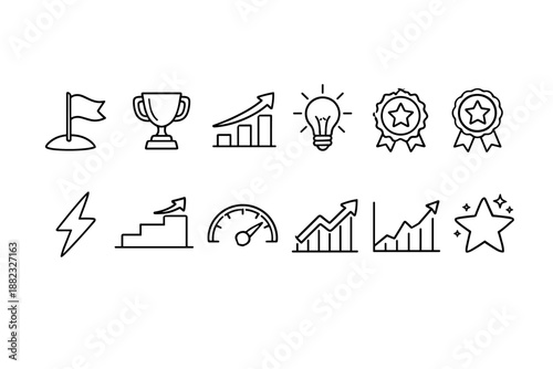 Business and success outline icon set. Achievement, growth symbols collection