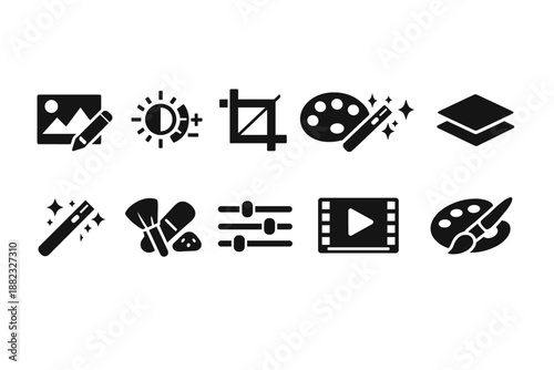 Photo editing solid icon set. Image tools for graphic design and editing.