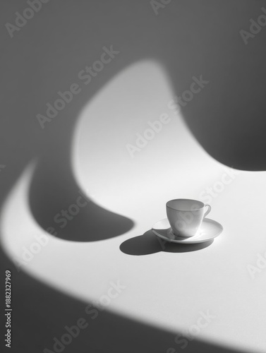 Black and white photograph of a white coffee cup and saucer on a white surface. the cup is placed in the center of the image, with the saucer slightly tilted to the right.