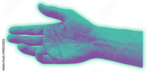open human palm facing up in offering or receiving gesture featuring teal and purple duotone gradient with heavy grain noise texture isolated on transparent background for surreal art