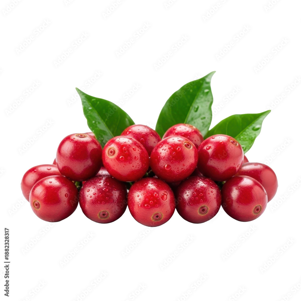 Obraz premium Ripe red coffee cherries and green leaves