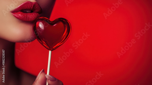 Close up of a woman with red lipstick and a valentine heart lolly