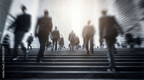 Business people walking and commuting up city stairs with strong motion blur, creating a dynamic sense of movement, ambition, and a fast paced urban corporate environment