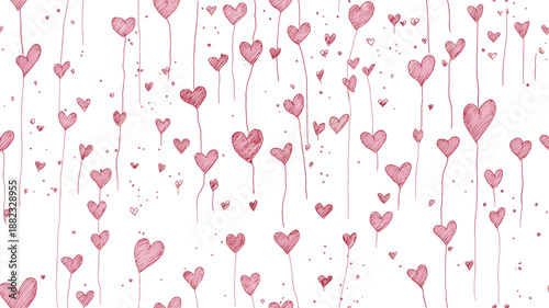 Pink hand-drawn hearts forming a seamless pattern on a white background. Pink heart pattern creating simple love background