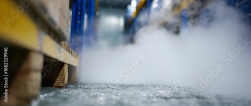 Steam rises from the ground in a cold storage room aisle.