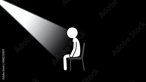 Solitary White Stickman Sitting Under Spotlight in Darkness