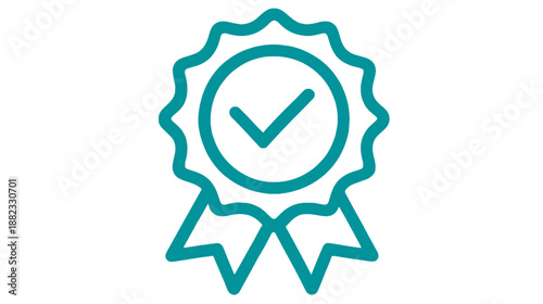 Quality assurance badge icon with checkmark and ribbon. Certified approval symbol for excellence, success, and achievement.