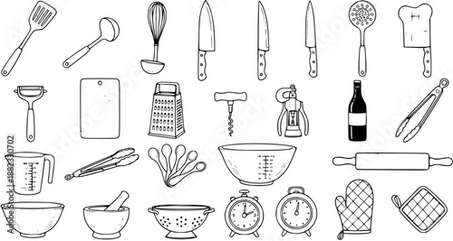 Black and White Line Art Kitchen Utensils Set. Hand Drawn Food and Cooking Tools Collection in Doodle Style for Culinary and Baking Designs.