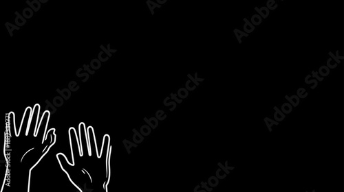 White outlined hands reaching up on a black background, a minimalist graphic illustration of a gesture of asking, praying, or surrender.
