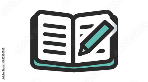 Open book with a pencil writing icon, symbolizing education, learning, study, note-taking, journaling, and creative writing. Outline style.