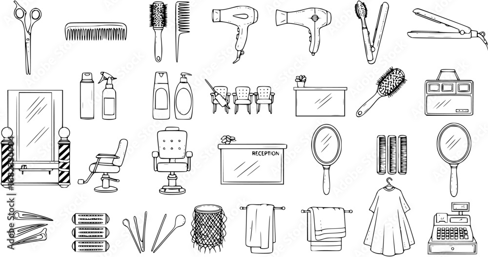 Fototapeta premium Beauty Salon Barbershop Equipment Line Art. Hand-drawn Doodle Icons of Hairdresser Tools, Furniture, and Accessories in Black and White Sketch Style.