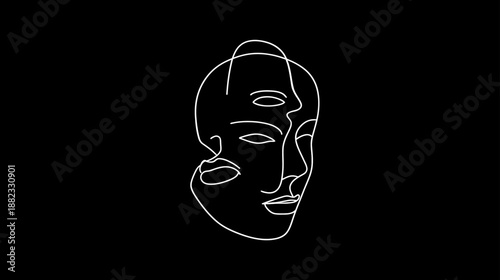 Minimalist continuous line art illustration of two merging faces on a black background, representing duality and abstract identity.