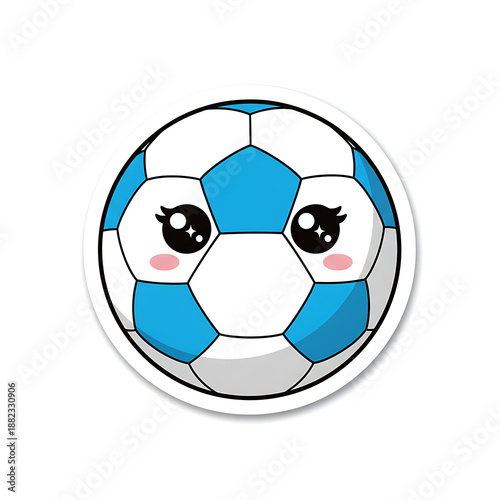 Adorable blue and white cartoon soccer ball illustration with charming kawaii eyes and rosy cheeks, perfect for playful sports themes, child-friendly designs, and cute graphic elements