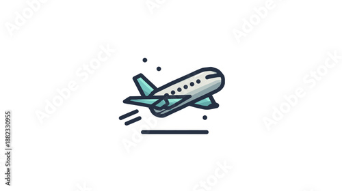 Flat design airplane taking off icon, aircraft departure symbol. Modern travel, flight, journey, vacation, aviation graphic.