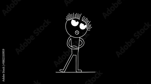 Animated cartoon character with crossed arms looking up, minimalist line art, expressing surprise or thought on black background.