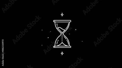 Elegant hourglass illustration with flowing sand and sparkles on black background. Time concept, countdown, deadline, measurement.