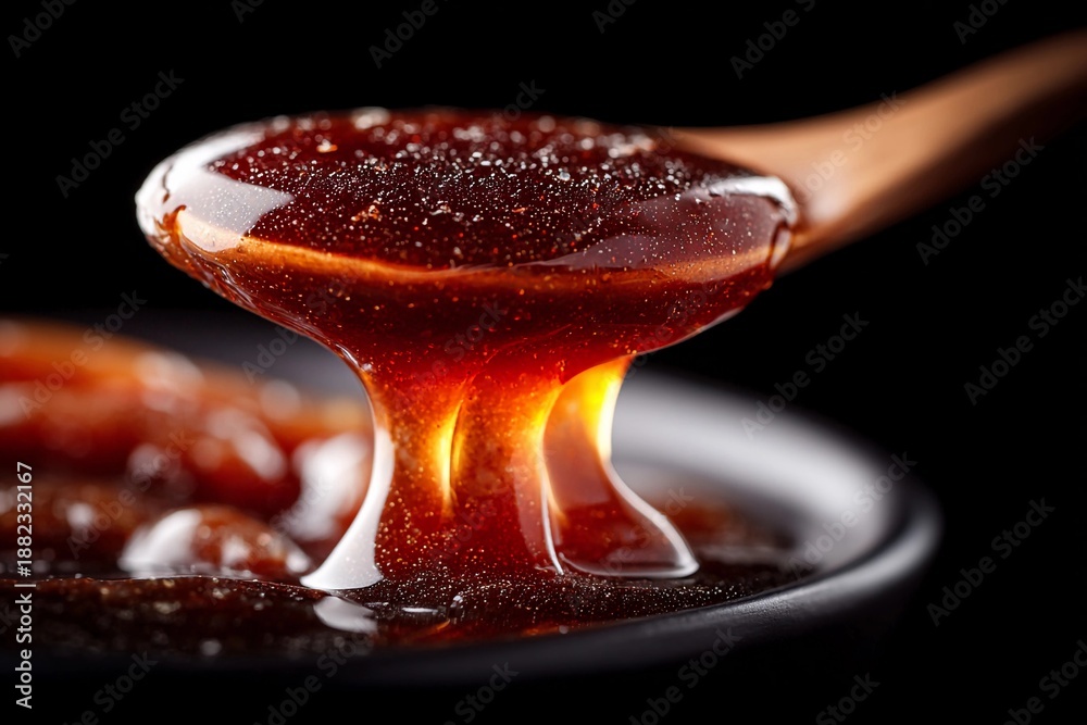 Fototapeta premium Sweet syrup drips from wooden spoon in dark setting