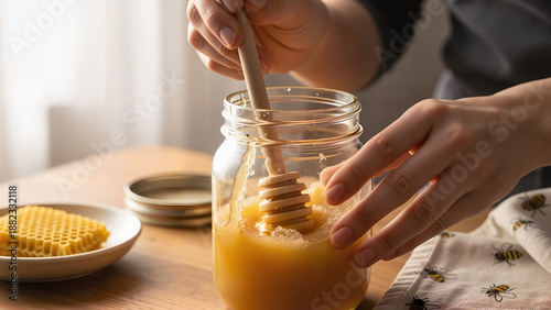 Hand stirring honey in glass jar with honey dipper