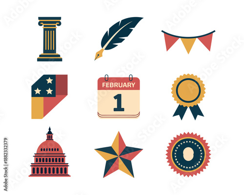 A collection of flat design icons representing historical and governmental themes.