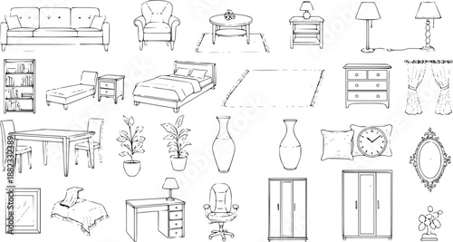 Household Furniture  Home Decor Black  White Line Art Vector Set. Interior Design Elements, Room Furnishing Outlines,  Sketch Illustrations