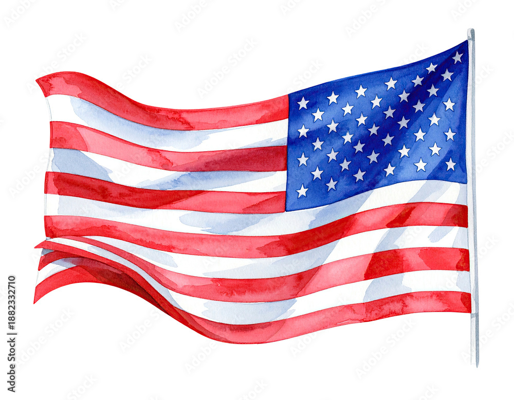 Fototapeta premium Watercolor illustration of a waving flag with red stripes and blue canton with white stars